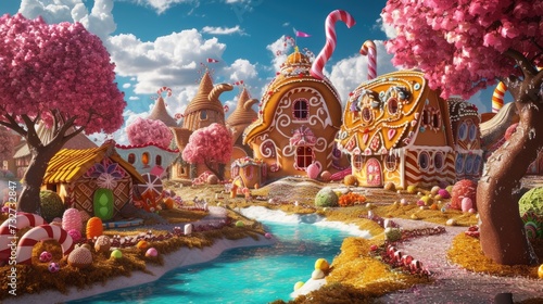 A whimsical and colorful candy village with houses made of confectionery delights and a river flowing with liquid sweetness. Resplendent. photo