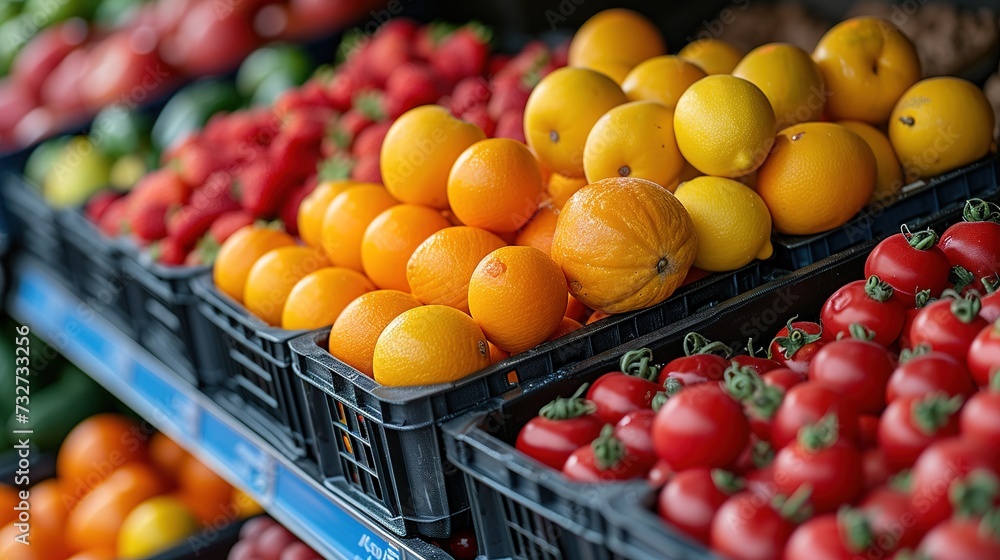 Fruits, oranges, lemons, pomegranates, pineapple and pomelo are sold in the store