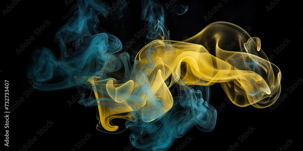 Blue and Yellow Smoke Contrast in Ukrainian Flag Colors on Black Background Blue and Yellow Smoke Contrast in Ukrainian Flag Colors on Black Background