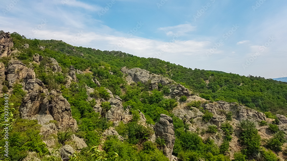Panoramic view of rock formations in idyllic wine growing region of Wachau in Krems an der Donau, Lower Austria, Europe. Looking from ruins of castle Duernstein. landscape along Danube river (Donau)