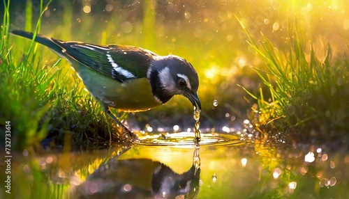 Um pássaro bebendo água em uma poça de água na grama