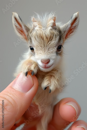 Teeny-tiny Pygmy Goat on the edge of a female fingertip, painted nails , displaying the lovable nature of the tiny animal,isolated on a white background