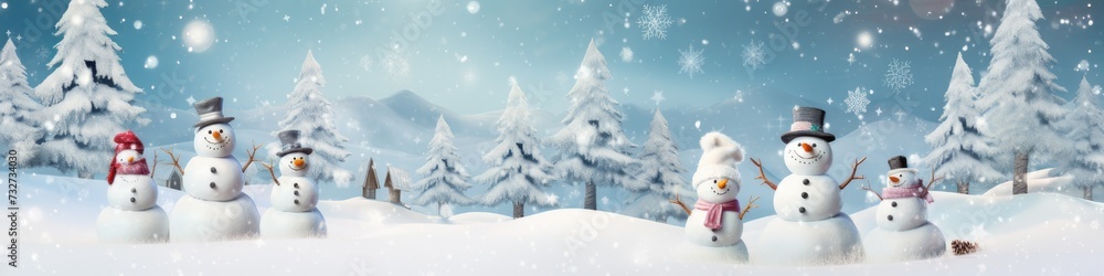 Snowmen Merry Christmas and Happy New Year Card. Many Smiling Snowmen Standing in Winter Christmas Snowmen Merry Christmas and Happy New Year Card. Many Smiling Snowmen Standing in Winter Christmas