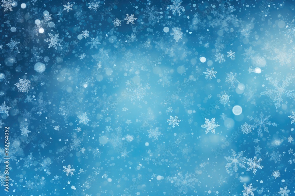 Winter Bliss: Blue Snowy Background with Shimmering Snowflakes and Defocused Bokeh Effect