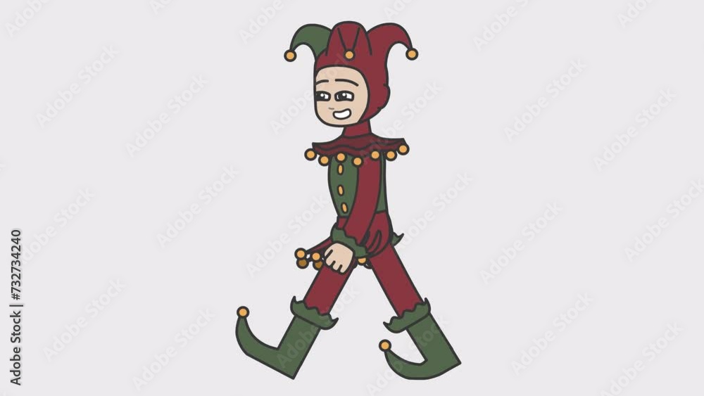 2d animation of walking white male smiling jester. Looped 4K video with alpha-channel. 2d animation of walking white male smiling jester. Looped 4K video with alpha-channel.