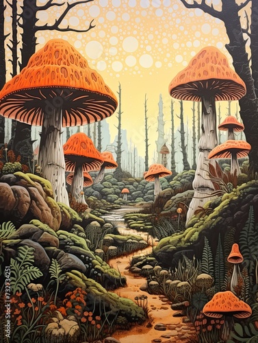 Enchanting Whimsical Mushroom Forest - Vintage Woodland Scene Wall Art