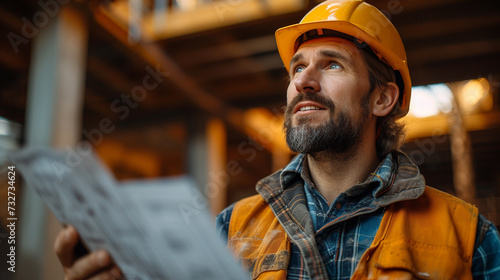Builder holding blueprint at construction site