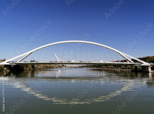 View of the Alamillo Bridge over the river Guadalquivir in Seville, Spain