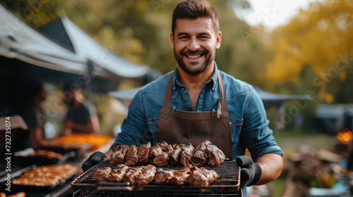 cheerful smiling man in kitchen mittens holds barbecue grill with meat in the park, cook, picnic in nature, cooking, delicious food, meal, summer photo