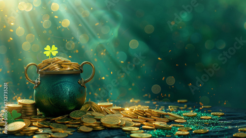 gold coins in the forest with a clover leaf and a pot with coins