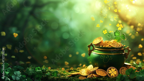 gold coins in the forest with a clover leaf and a pot with coins