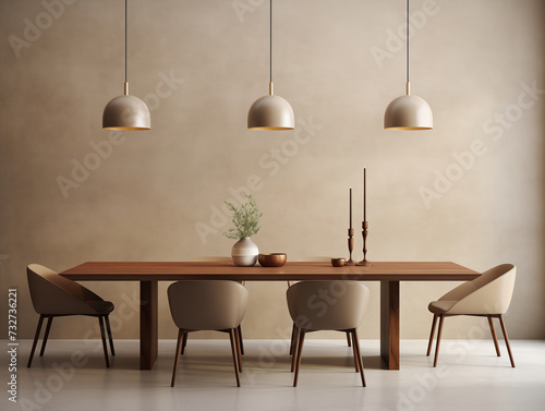 Minimalist Dining Room Interior with Sleek Wooden Table and Modern Pendant Lighting