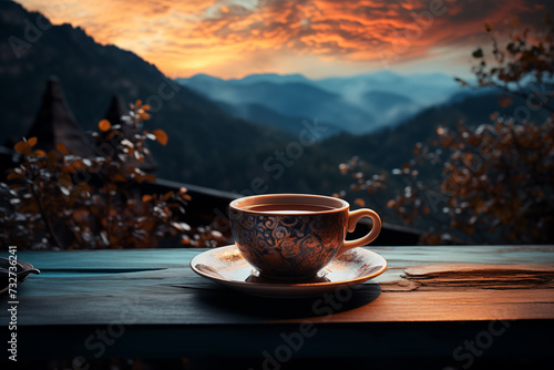 Cup of drink. coffee tea. Outdoor space, big window with beautiful view. Spring, summer, autumn cosy warm place. Early morning. Social media post banner cover, flyer, invitation. Generative Ai content