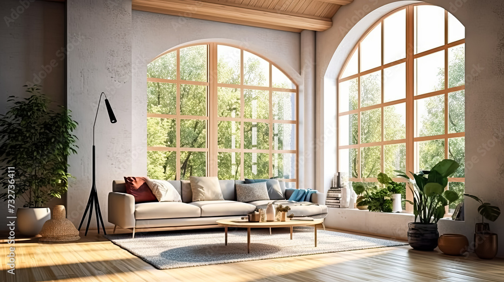 Fototapeta premium A modernized apartment adorned with large, bright windows