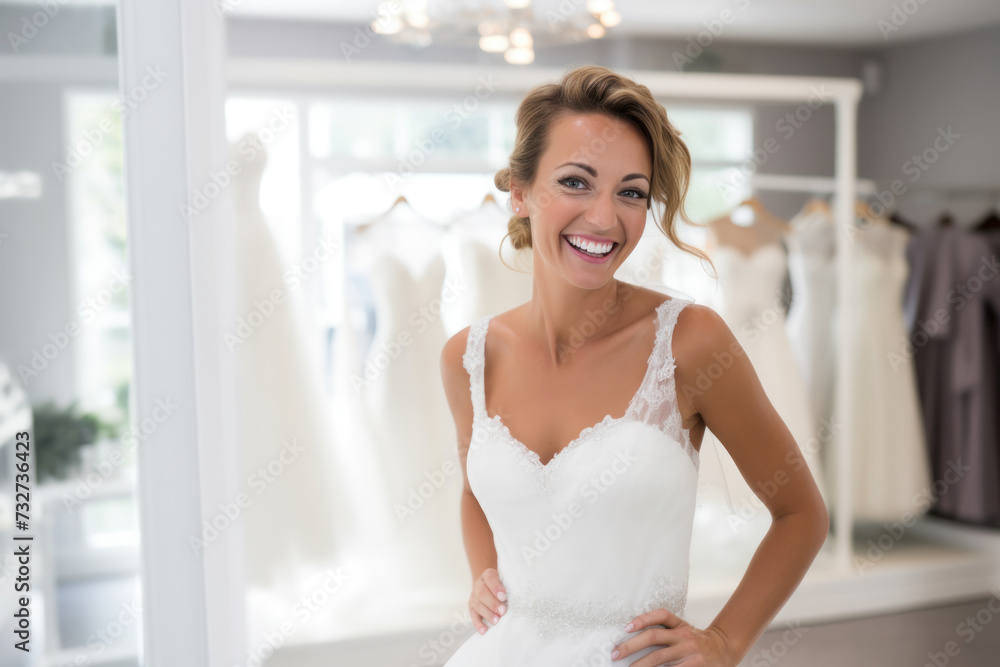 Bride posing, fitting, and choosing in an elegant wedding dress at a bridal boutique.