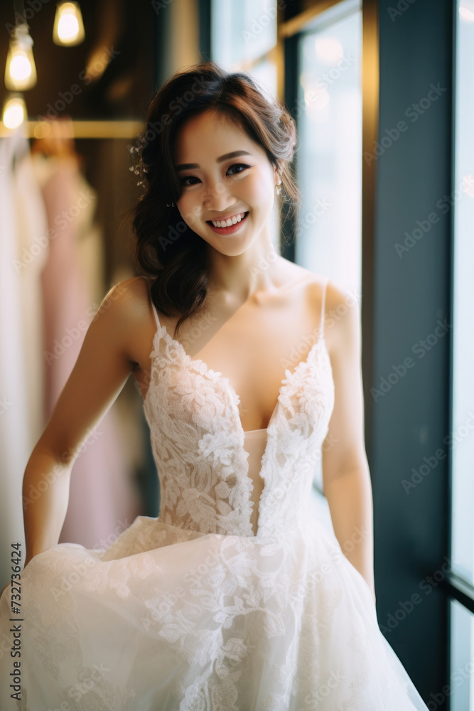 Naklejka premium A charming bride delighted during a fitting in a bridal boutique, exuding alluring beauty.