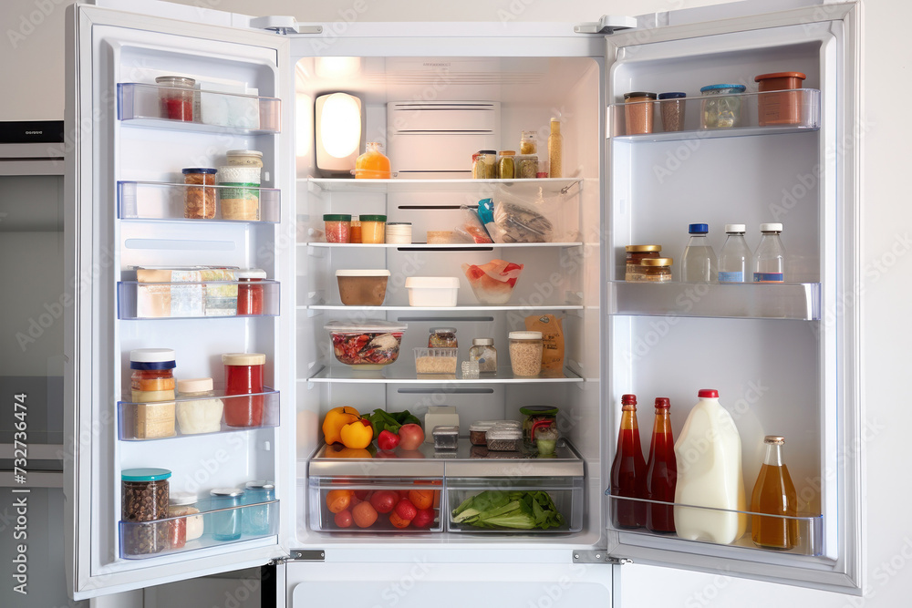 An open refrigerator filled with a variety of fresh fruits and vegetables. An open refrigerator filled with a variety of fresh fruits and vegetables.