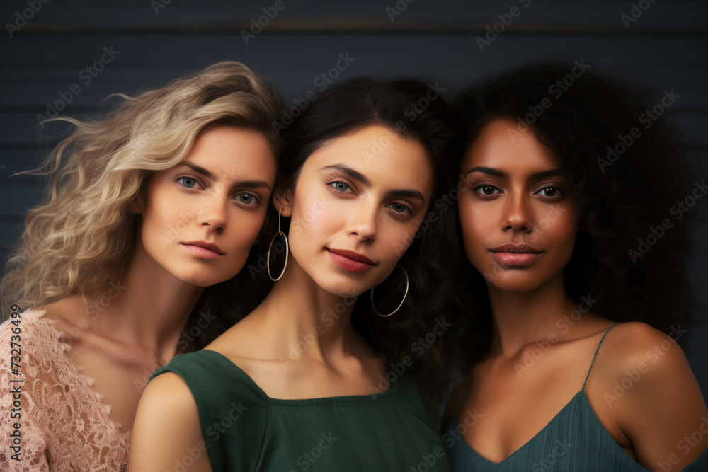 Obraz premium A gorgeous, diverse trio portrait featuring alluring women with curly, stylish hair, exuding beauty.