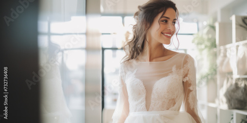 A portrait of an elegant, smiling bride in a white wedding dress during preparation, radiating happiness and beauty.