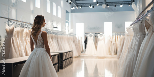 Bride in a boutique, surrounded by elegance and choices, fitting a white wedding dress. © Andrii Zastrozhnov