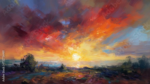 An impression of a sunset, rendered in thick and expressive oil paints. 