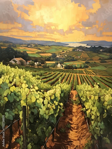Golden Hour Vineyards: Earth Tones Art - Capturing the Serenity of a Vineyard Scene in a Countryside Painting