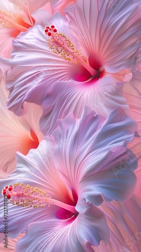 the delicate whispers of softy pastel pink hibiscus petals in extreme macro, each detail highlighted in an exquisite portrait composition. photo