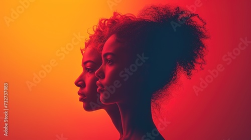 Portrait of several beautiful young black women on a bright background.