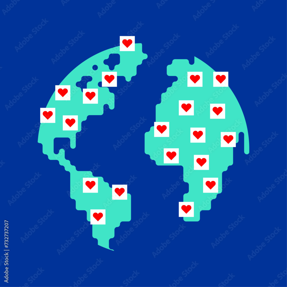 Fototapeta premium love map. Peace in hearts. World love. World map and heart. Universal amour concept Valentine's Day