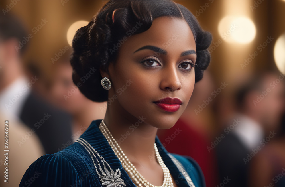 The woman is black, young, cheerful brunette with brown eyes. The image of the 20s of the last century. The woman is black, young, cheerful brunette with brown eyes. The image of the 20s of the last century.