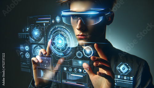 Man using augmented reality glasses to interact with virtual objects. Illustration for AR, spatial computing and metaverse. photo