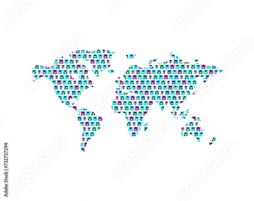 World map and people. Avatars on planet earth. Concept of world communication and people living on different continents.