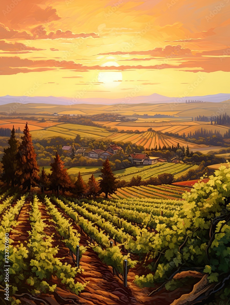 Golden Hour Vineyards: Tree Line Artwork Featuring Wine Landscape and Sunset Scene