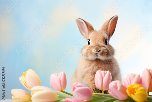 Bunny with colorful Tulip spring flowers on pastel studio background