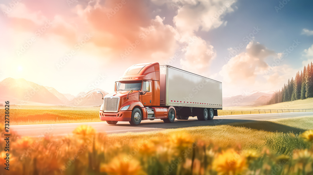 A white truck drives along a highway winding through A white truck drives along a highway winding through