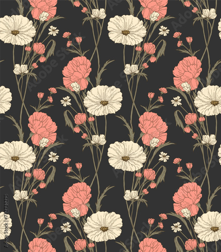 A seamless pattern of pink and white flowers