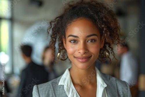 Confident and successful young businesswoman in a modern office, radiating happiness and professionalism, leading her workplace.