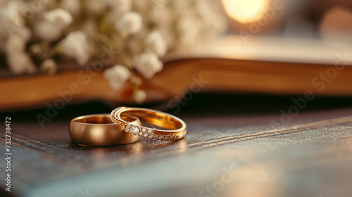 wedding rings lie on a wooden table with a blurred background