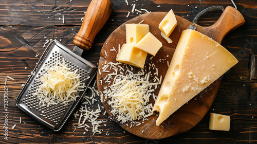 a bowl of cheese and grated cheese on a table