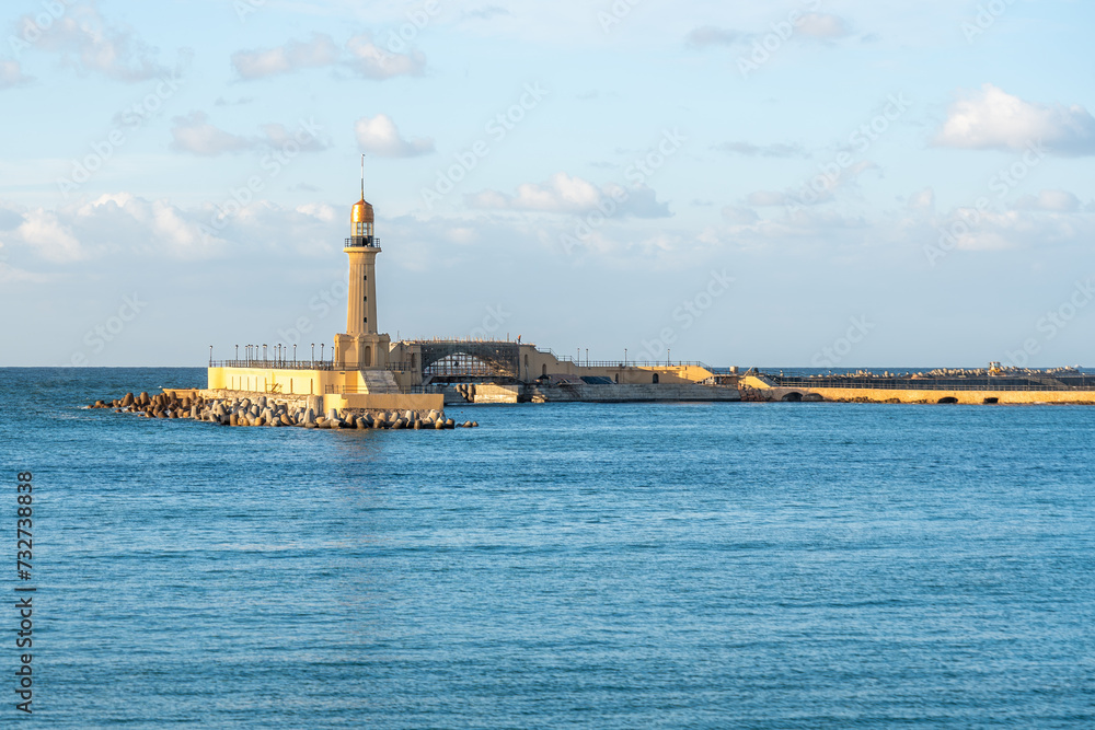 Alexandria-Egypt Dec 12, 2023: Montazah Palace light house. Located in the eastern end of Alexandria city. added by King Farouk I, apparently in the late 1930s front of his palace.