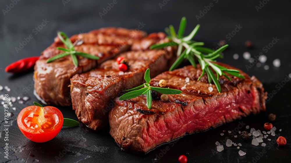 a steak with tomatoes and herbs on a black surface