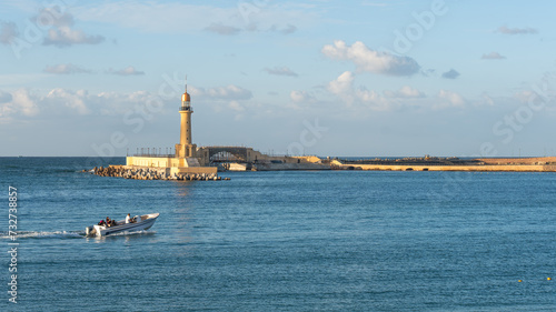 Alexandria-Egypt Dec 12, 2023: Montazah Palace light house. Located in the eastern end of Alexandria city. added by King Farouk I, apparently in the late 1930s front of his palace.