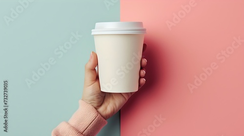 Hand holding a disposable coffee cup against a split-color background. simple and modern design. ideal for cafes and to-go drinks. AI photo