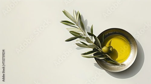 Fresh olive oil in a bowl with olive branch on a cream background. healthy mediterranean ingredient. minimalist style composition. AI