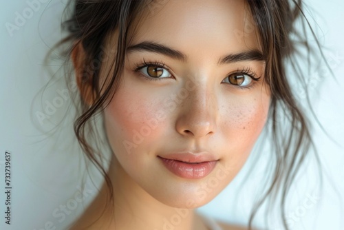 A young woman with flawless skin and natural beauty, radiating elegance and health in a close-up portrait.