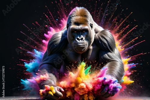 gorilla in a splash explosion of colors, variegated paint burst © pflonk