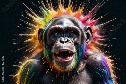 chimpanzee in a splash explosion of colors, variegated paint burst © pflonk