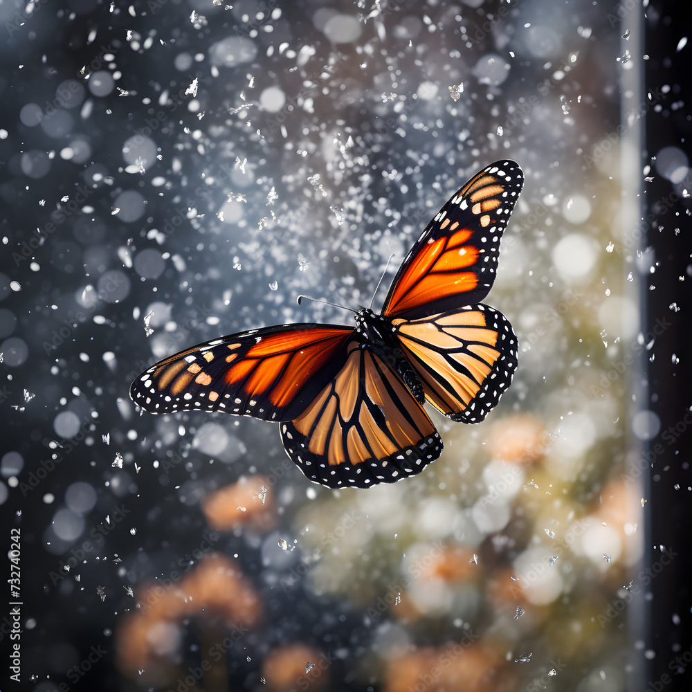 Fototapeta premium monarch butterfly flying inside window, snow