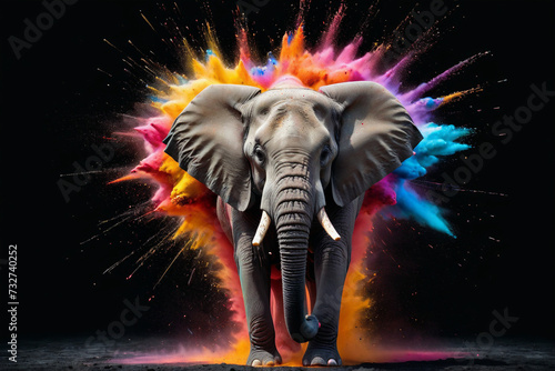 elephant in a splash explosion of colors, variegated paint burst © pflonk