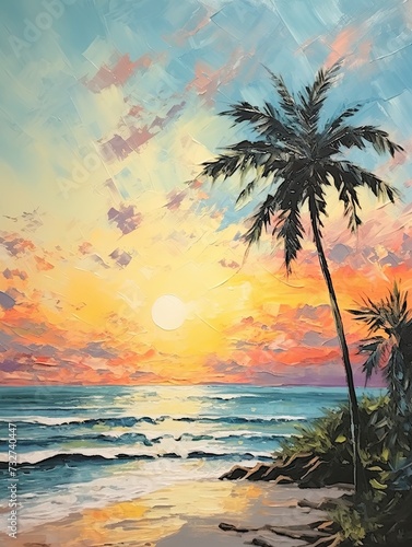 Impressionist Beach View Art: Silhouetted Palm Beaches Landscape
